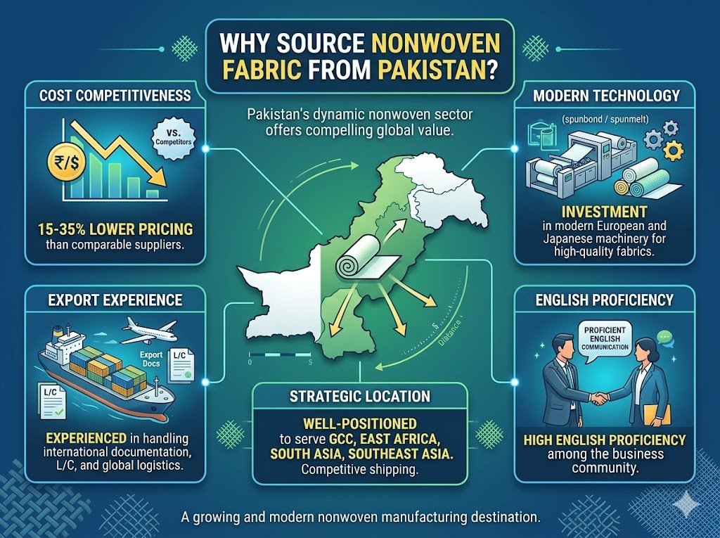 Infographic showcasing benefits of sourcing nonwoven fabric from Pakistan.