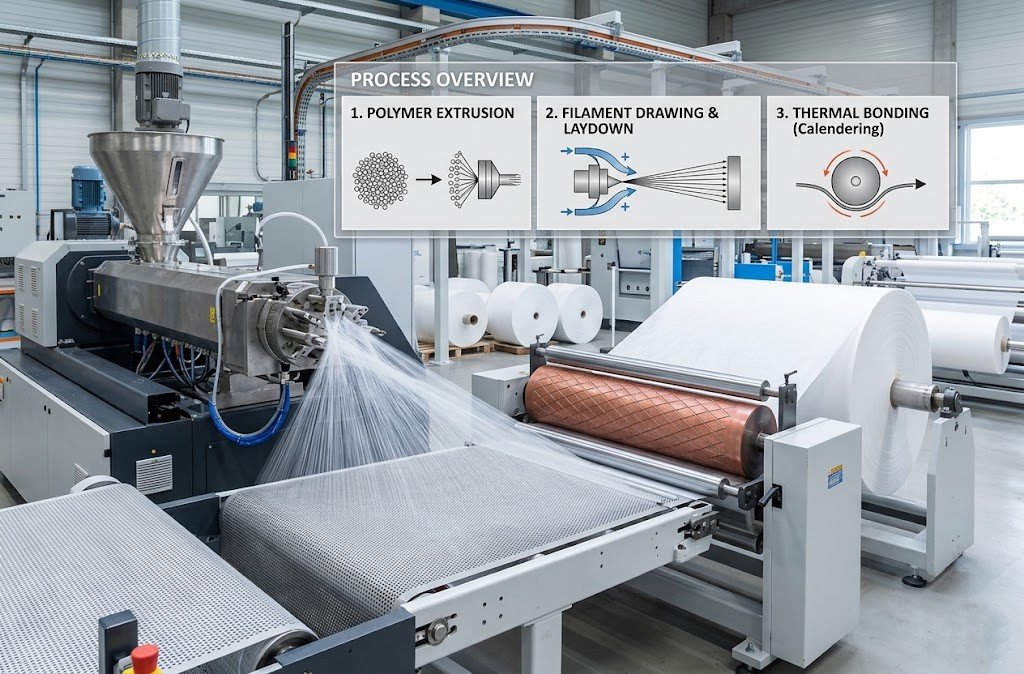 Industrial spunbond nonwoven manufacturing machine and process.