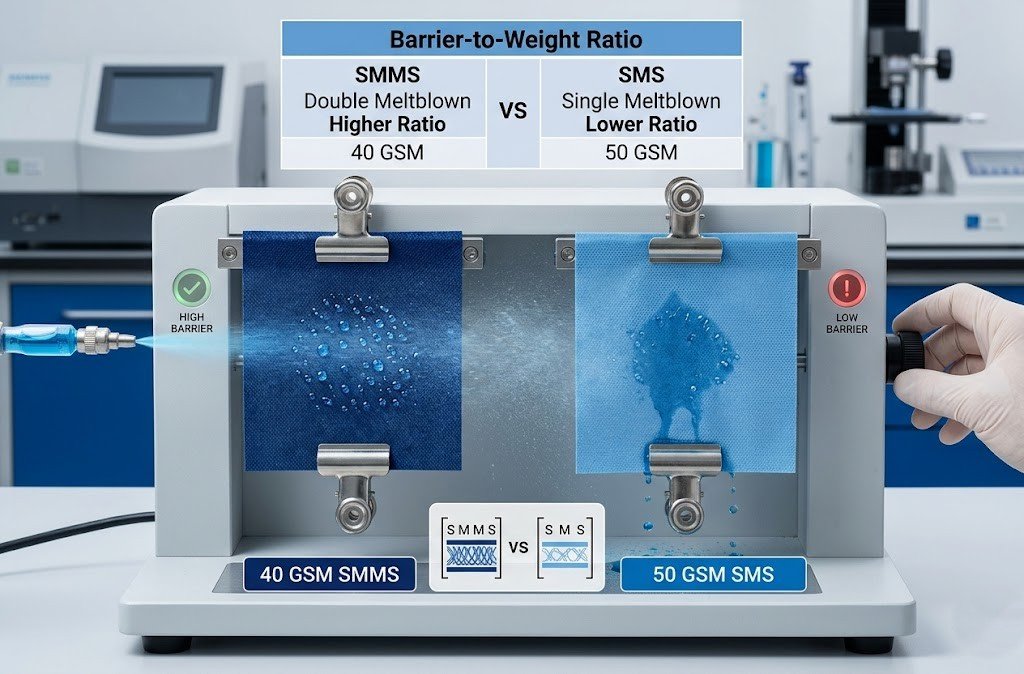 Medical SMMS vs SMS fabric liquid barrier performance test comparison.