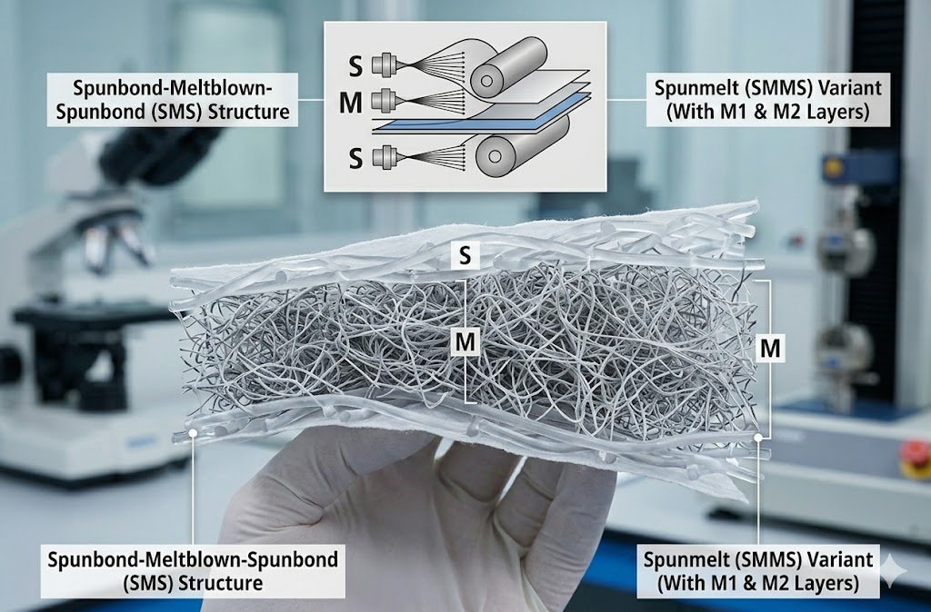 Cross-section diagram of SMS and SMMS nonwoven fabric layers.